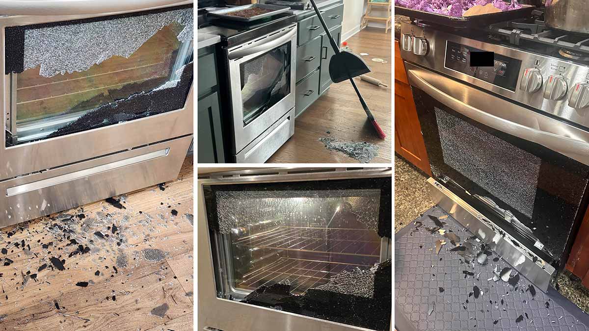 Four examples from CSPC incident reports of images taken by consumers of their shattered Frigidaire ovens.