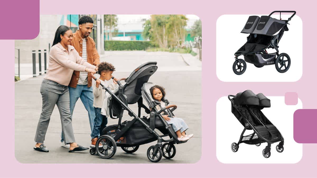 grid of three images with parents pushing two children in UPPAbaby Vista v3 with Rumbleseat V3 double stroller, BOB Gear Revolution Flex Duallie, and Baby Jogger City Tour 2 Double double strollers with light green border and three graphic green squares