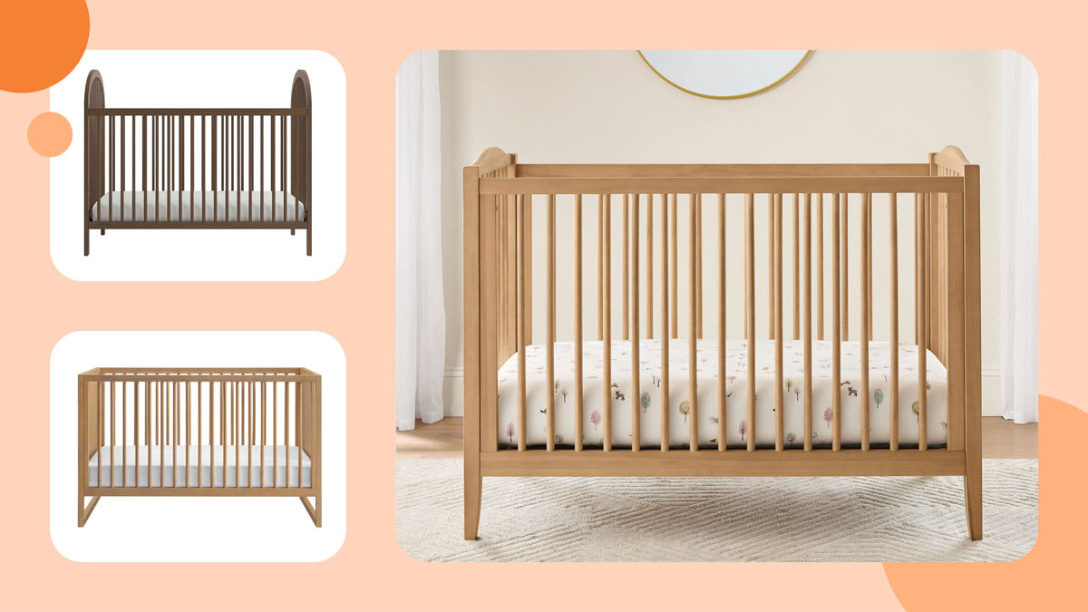 Clockwise: Graco Olivia 3- in-1 Convertible Crib, Pottery Barn Kids Emerson Convertible Crib, and Nurture& Newport Crib