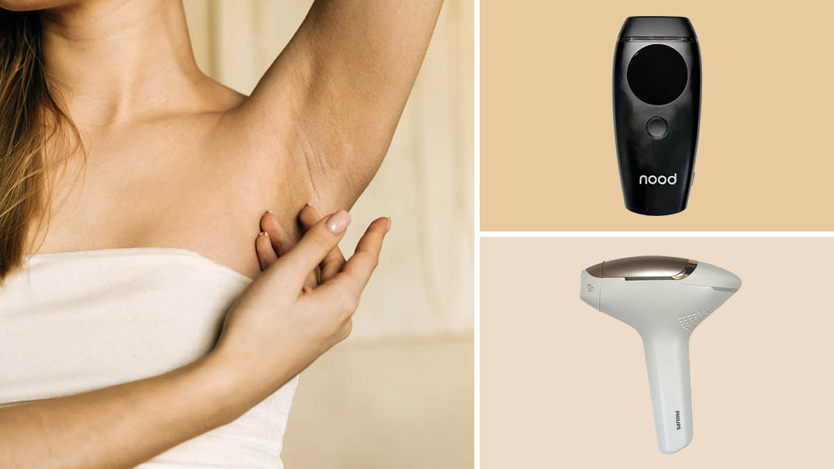 Woman with raised arm and hairless armpit, Nood and Philips laser hair removal devices