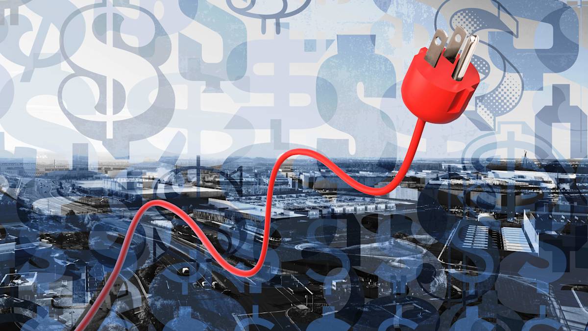 Red power cord against a backdrop of dollar signs and AI facility