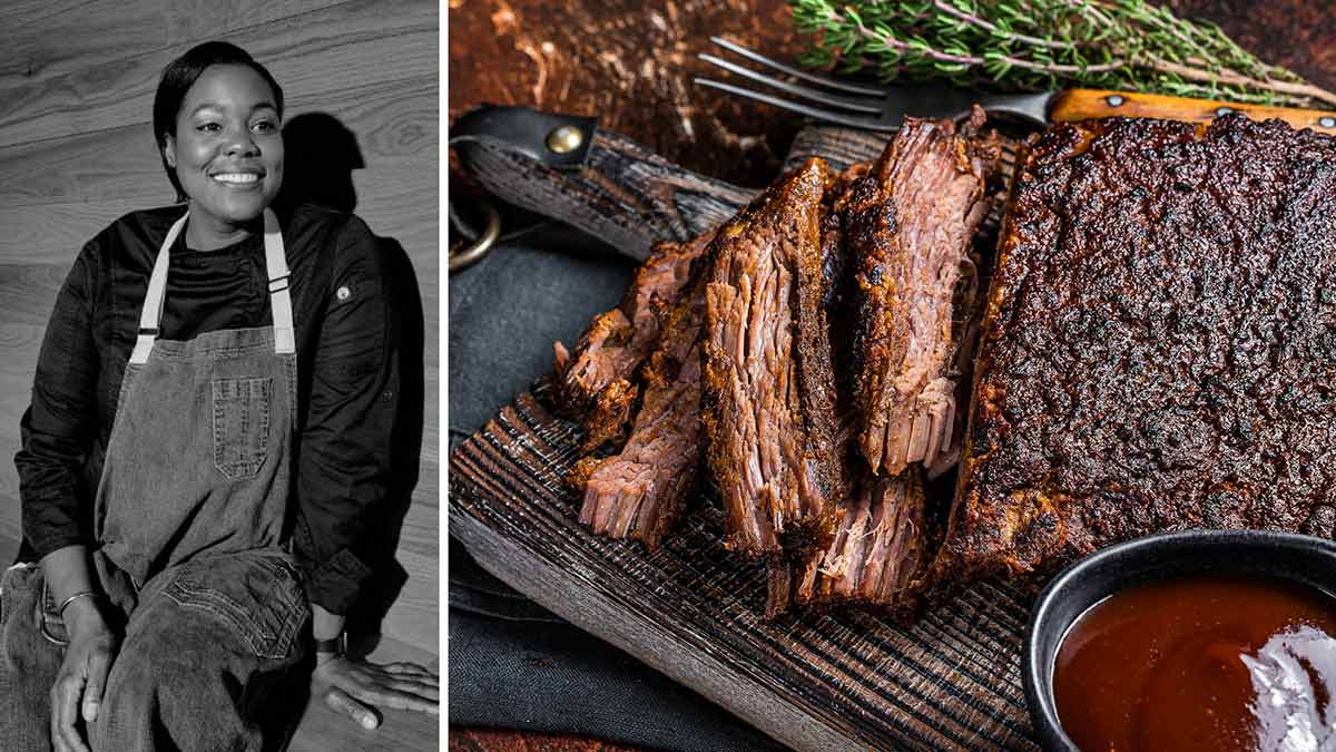 A portrait of chef Michelle Wallace alongside a picture of brisket.