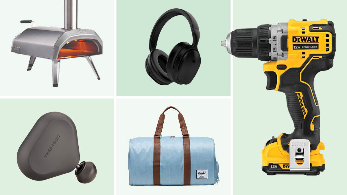 Pizza oven, Theragun, Herschel bag, DeWalt drill, headphones