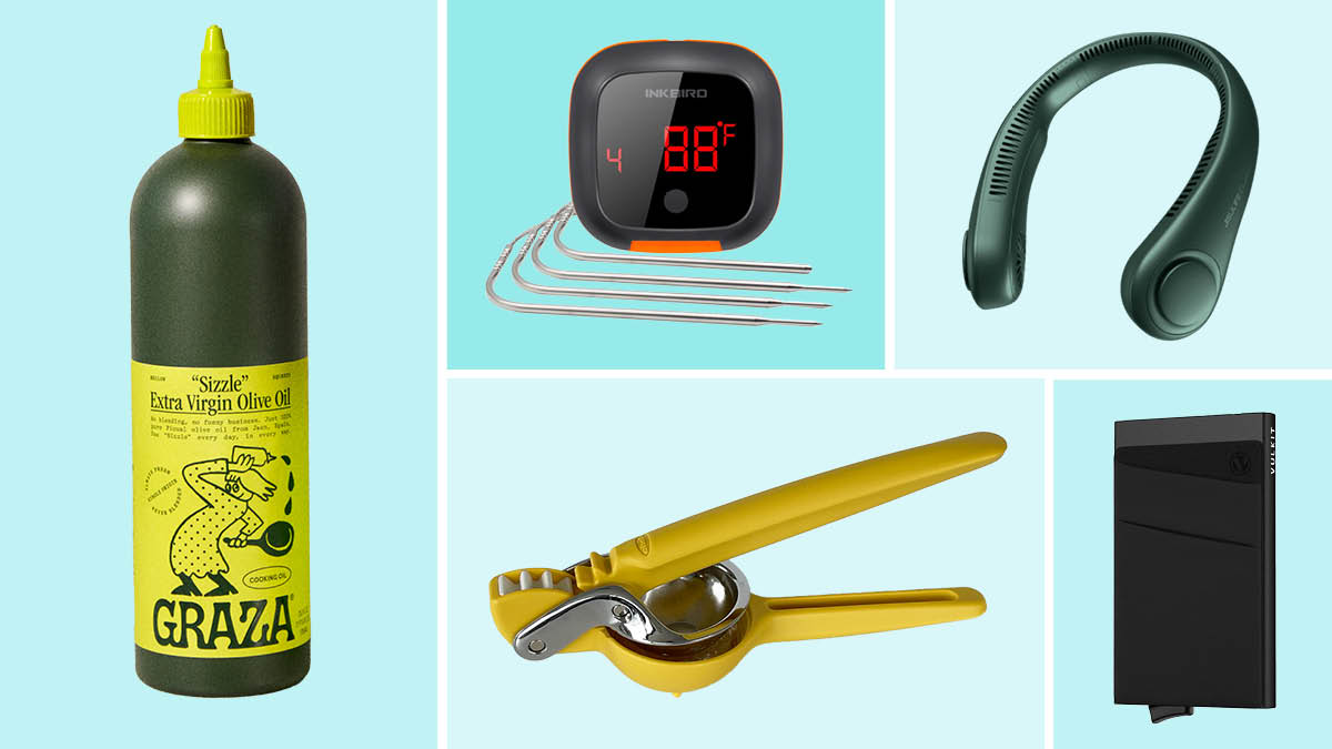 Graza olive oil, Inkbird meat thermometer, Jisulife neck fan, Chef'n juicer, Vulkit wallet