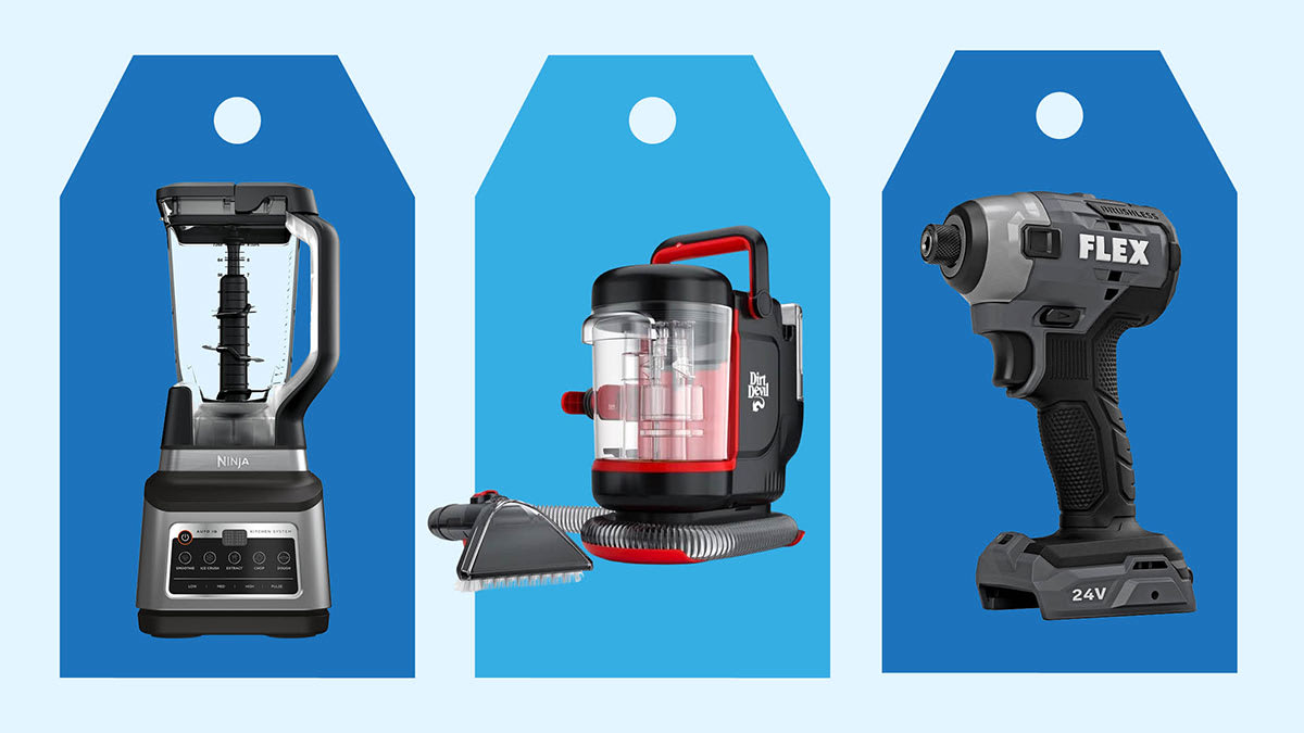 L-R: Ninja Professional Plus Kitchen System BN800 blender, Dirt Devil Compact Portable Spot Cleaner FD13000, Flex FX1351-2A impact driver,