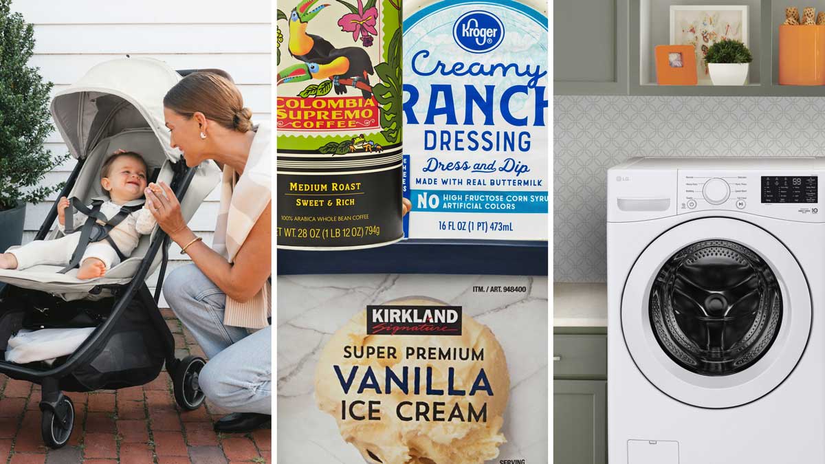 Mom with baby in Uppababy Minu V3 stroller, Coffee, ranch dressing, and vanilla ice cream, and LG Washer
