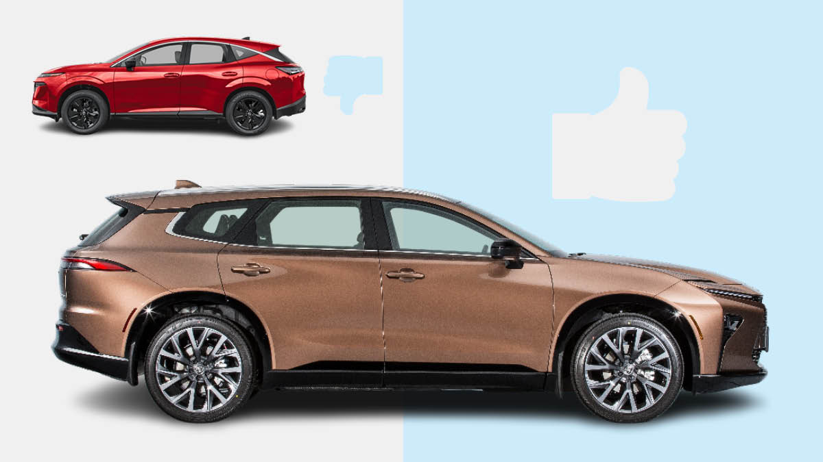red 2026 Nissan Murano next to graphic thumbs down and gold 2025 Toyota Crown Signia next to graphic thumbs up