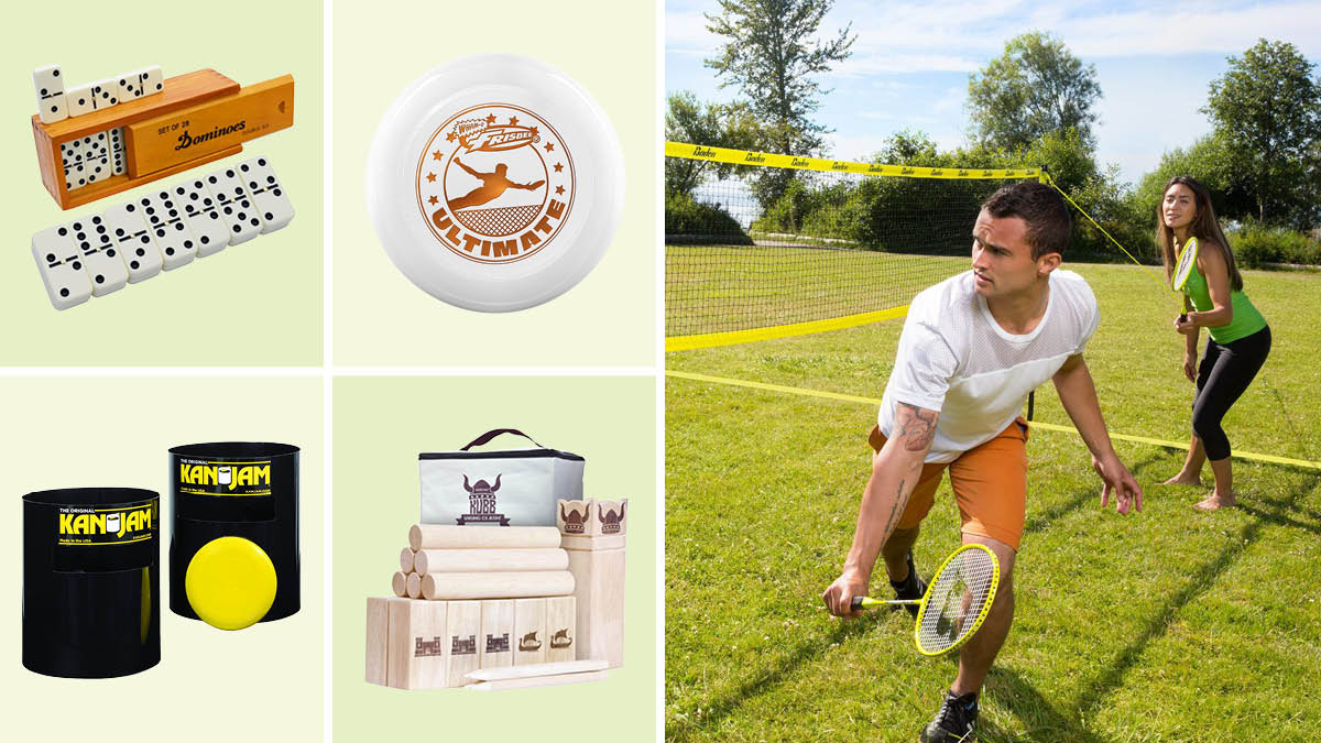 Dominoes, Frisbee, KanJam, Kubb, people playing Baden badminton