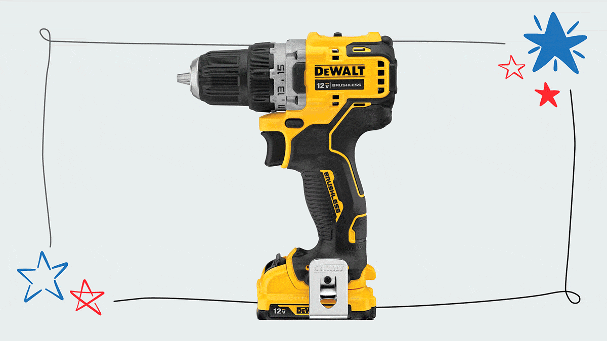A GIF featuring three items on sale: DeWalt DCD701F2 cordless drill, Cuisinart AIR-200 airfryer, Kamado Joe Classic II 18" KJ23RHC grill