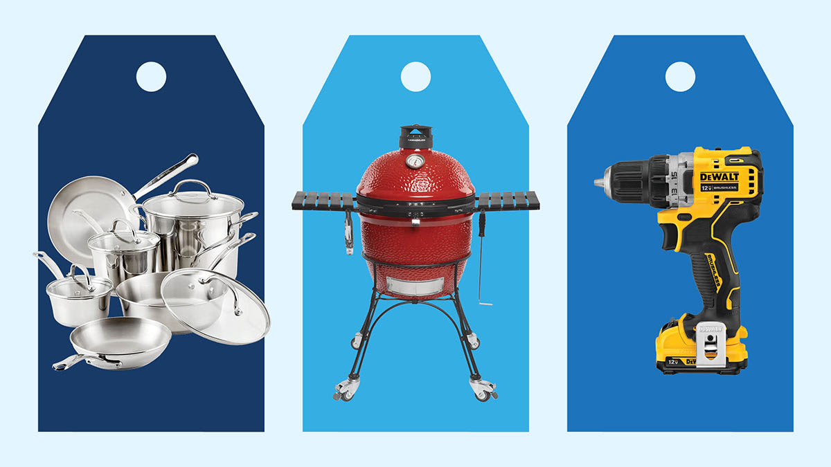 L-R: Farberware Millenium 10-Piece cookware, Kamado Joe Classic II 18" KJ23RHC grill, DeWalt DCD701F2 cordless drill