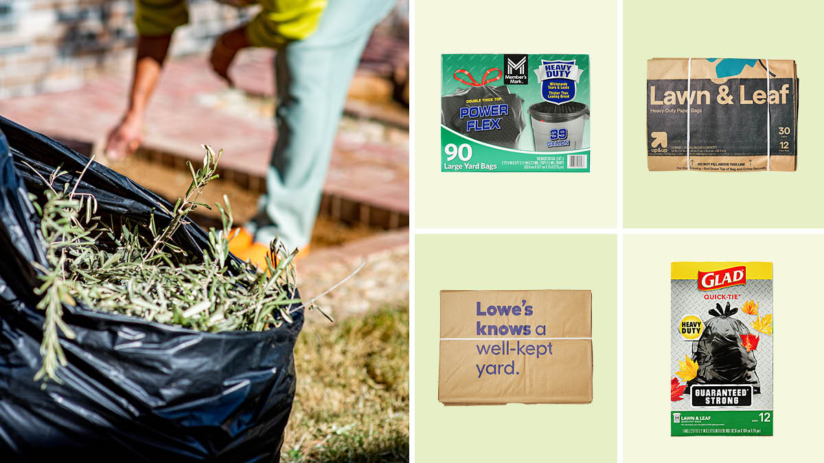 Person working on their yard with bag full of yard waste, yard bags from Lowe's, Member's Mark, Glad, Up&Up