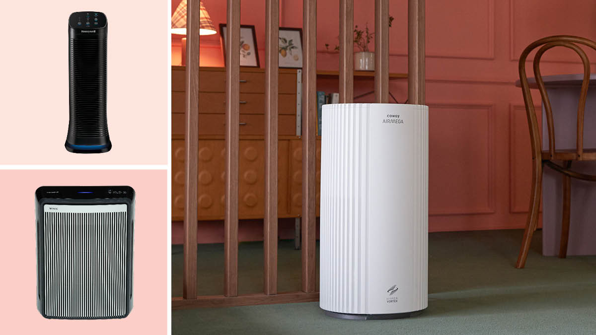 grid of three images with Honeywell AirGenius 5 HFD-320 and Winix 9800 air purifiers on light pink backgrounds and Coway Airmega 350 air purifier in dining room area with drawers and corner of dining room table