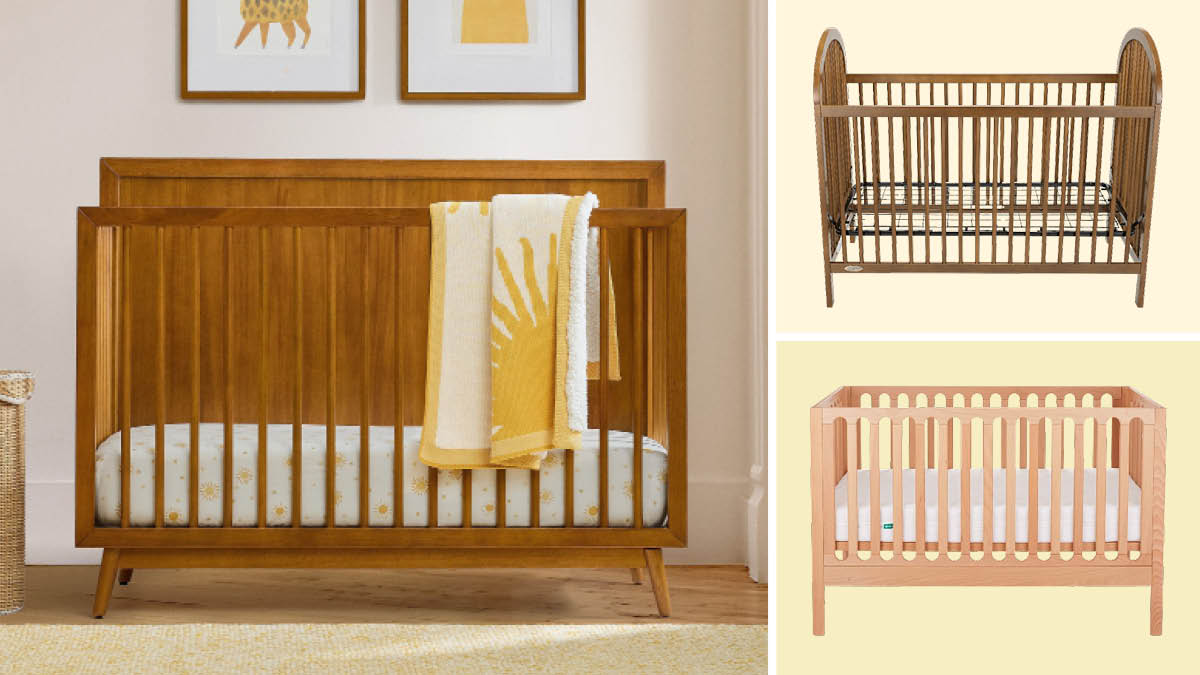 grid of three images with west elm Mid Century 4 in 1 Convertible Crib in nursery with yellow sun sheets and blanket and Graco Olivia 3-in-1 Convertible Crib and Newton Baby Galileo Convertible Crib on pale yellow backgrounds