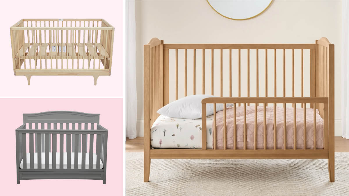 grid of three images with Kalon Caravan Crib and Delta Children Emery 4 in 1 Convertible Crib cribs on light pink backgrounds and Pottery Barn Kids Emerson Convertible Crib in nursery with sheets, pink blanket, and pillow