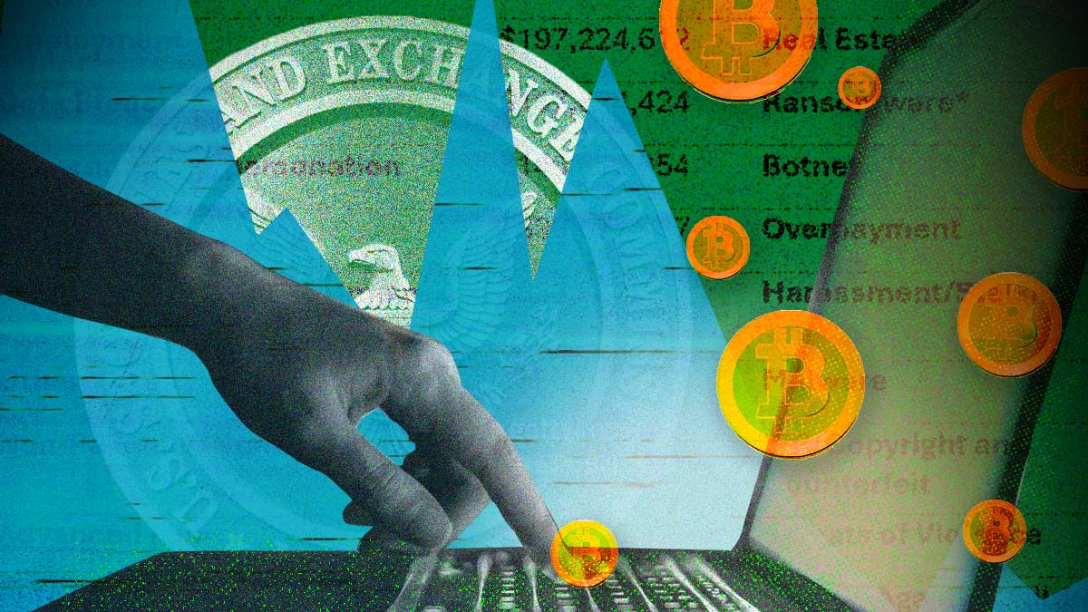 An abstract digital illustration featuring a hand typing on a laptop keyboard, overlaid with symbols of cryptocurrency and government regulation. The background blends a jagged fever line trending downwards, floating Bitcoin tokens, a list of various cyber threats, and the official seal of the U.S. Securities and Exchange Commission (SEC)