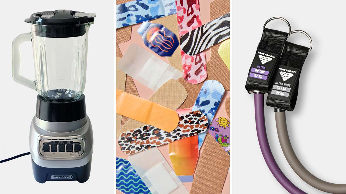 From left: Black+Decker PowerCrush blender, assortment of colorful adhesive bandages and HomeProGym Recalls 60- and 70-Pound Resistance Bands