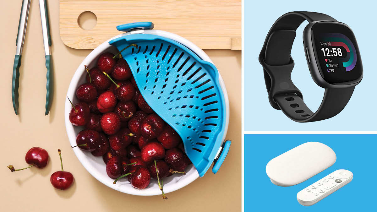 A roundup of of three products including Yevior Clip-On Strainer containing cherries, Fitbit Versa 4, and Google TV Streamer