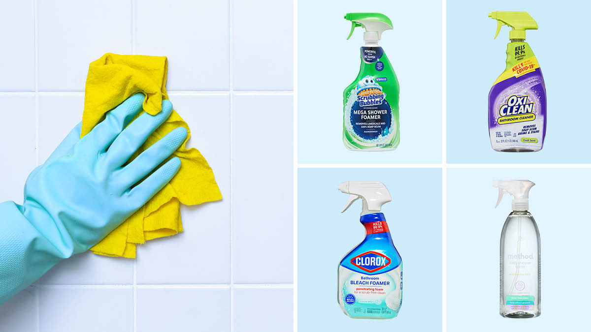 Hand wearing rubber glove cleaning shower tile, Scrubbing Bubbles, OxiClean, Clorox, Method shower cleaners