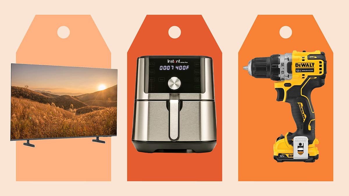 L-R: Samsung UN50U7900F TV, Instant Vortex Plus 140-3079-01  Air Fryer, DeWalt DCD701F2 Cordless Drill