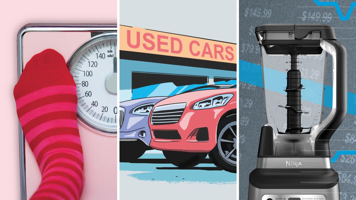 Three-panel image showing a foot on a scale, used cars at a dealership, and a Ninja blender.