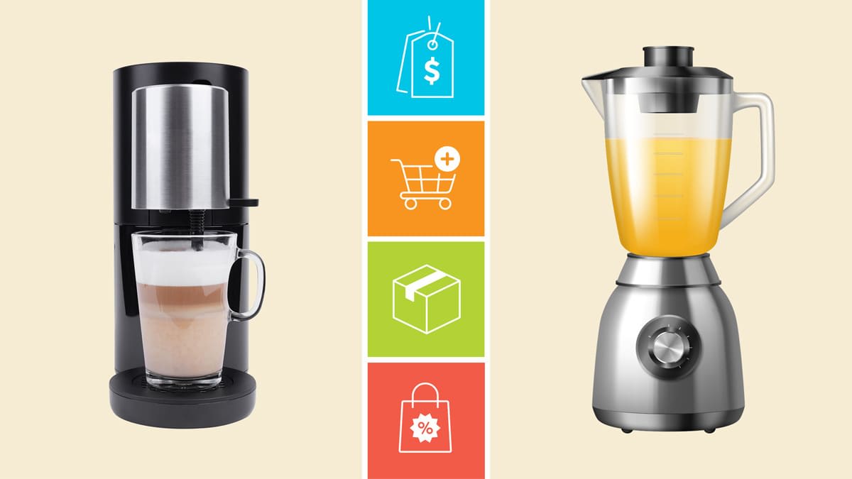 Coffee maker, blender, and icons showing a price tag, shopping cart, shipping box, and discount bag.