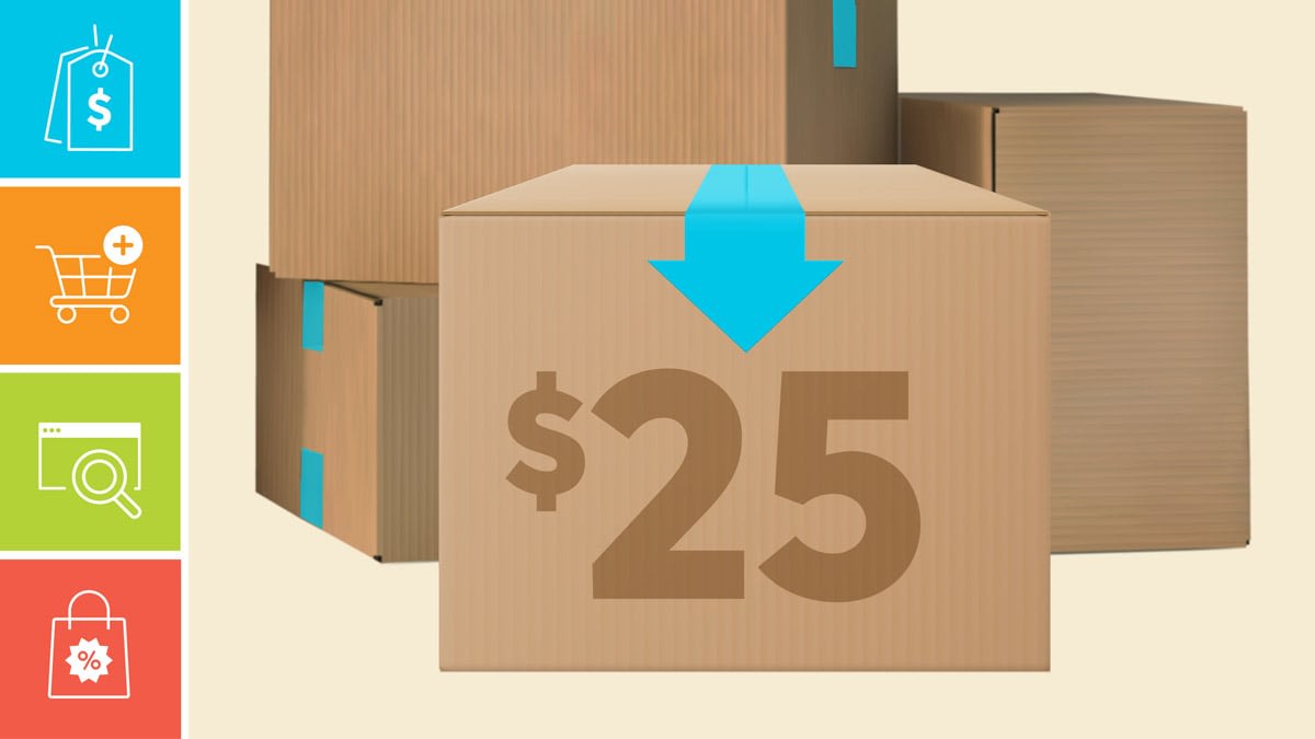 Boxes with an arrow point to twenty-five dollars with icons showing a price tag, shopping cart, shipping box, and discount bag.
