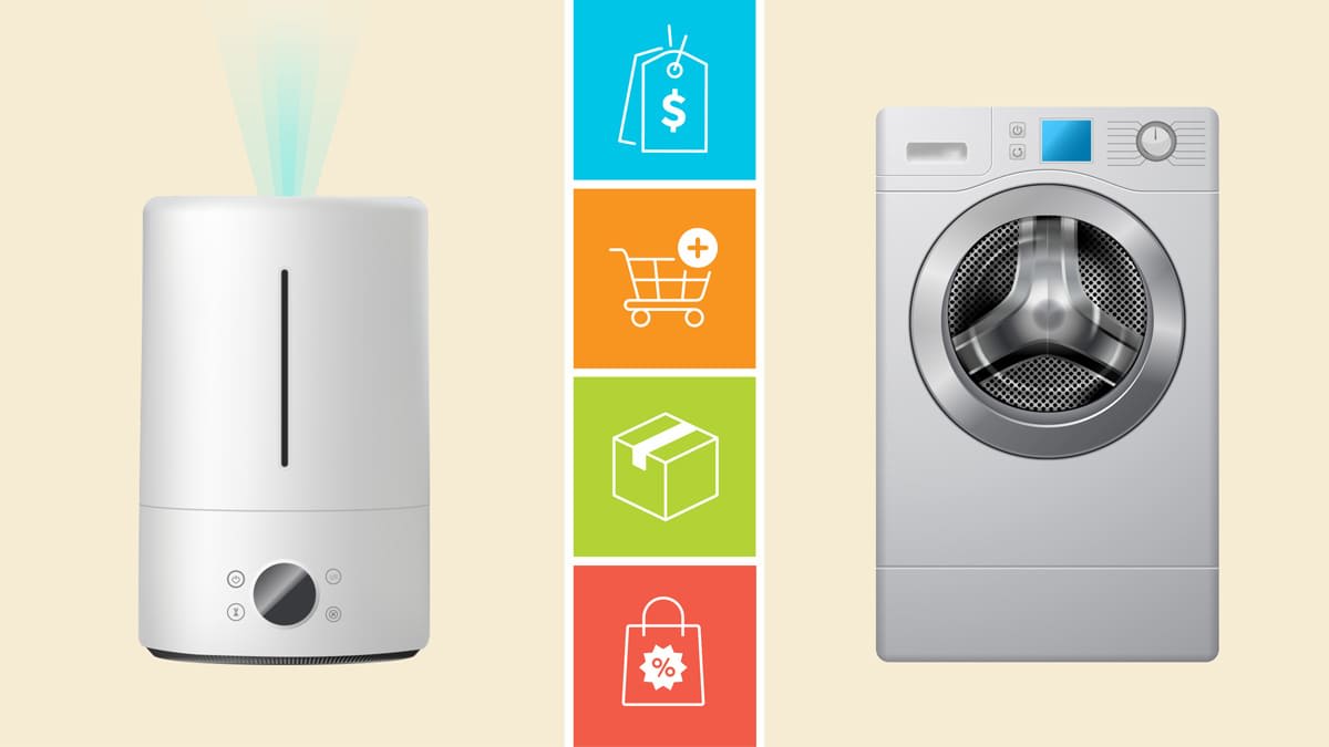 Air purifier, washing machine and with icons showing a price tag, shopping cart, shipping box, and discount bag.