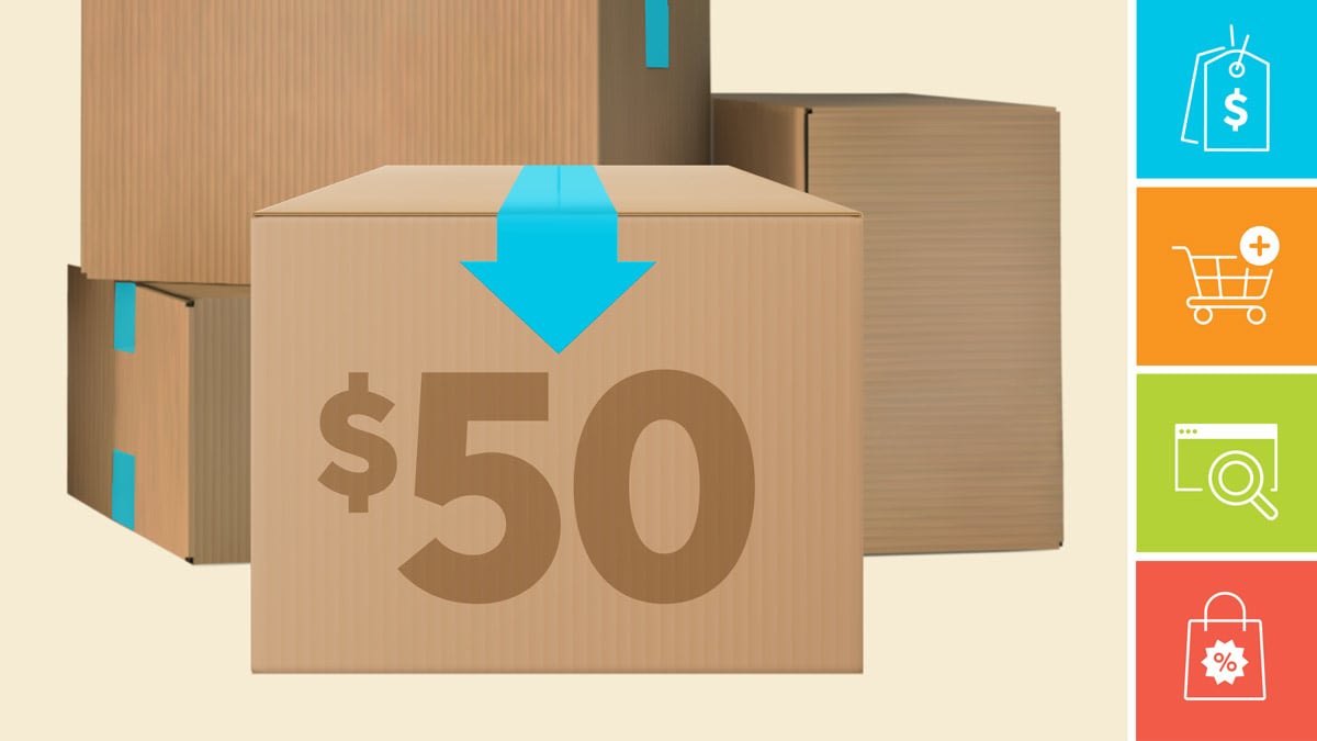Boxes with an arrow pointing to fifty dollars with icons show a price tag, shopping cart, shipping box, and discount bag.