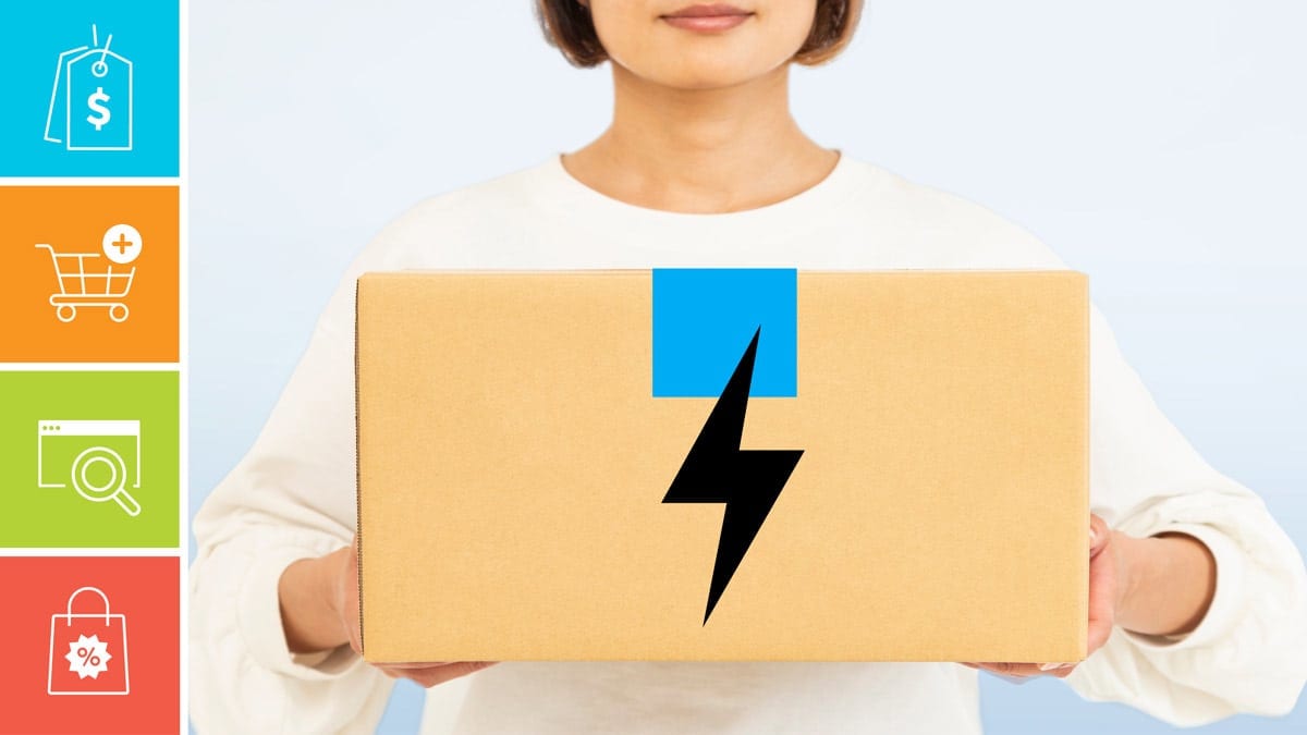 Woman holding box with lightening symbol and icons show a price tag, shopping cart, shipping box, and discount bag.