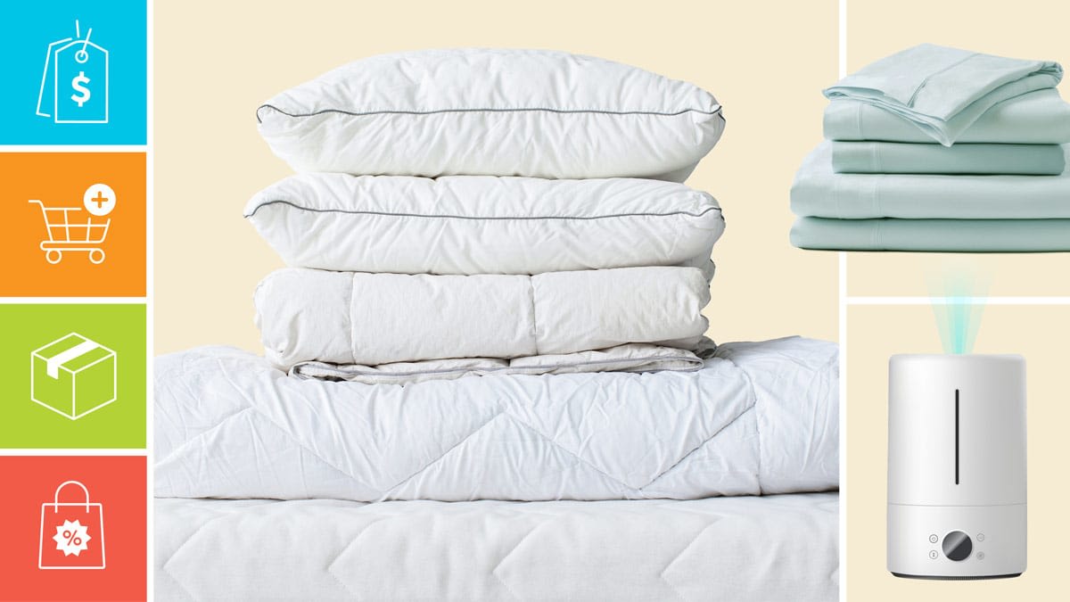 Pillows, Comforter, sheets and air purifier with icons show a price tag, shopping cart, shipping box, and discount bag.