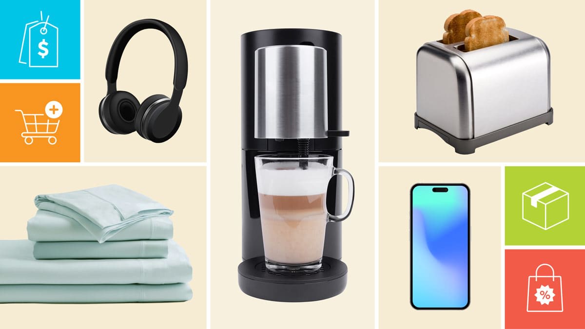Headphones, Coffee maker, toaster, bed sheets, and a phone with icons show a price tag, shopping cart, shipping box, and discount bag.