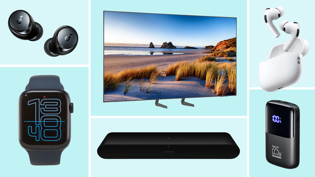 Samsung QN65S84FA TV, Apple AirPods Pro 3, Iniu Portable Charger 22.5W 10,000mAh, Sonos Ray Sound Bar, Apple Watch SE 3 (44mm) GPS, and Soundcore Space A40 Wireless Earbuds