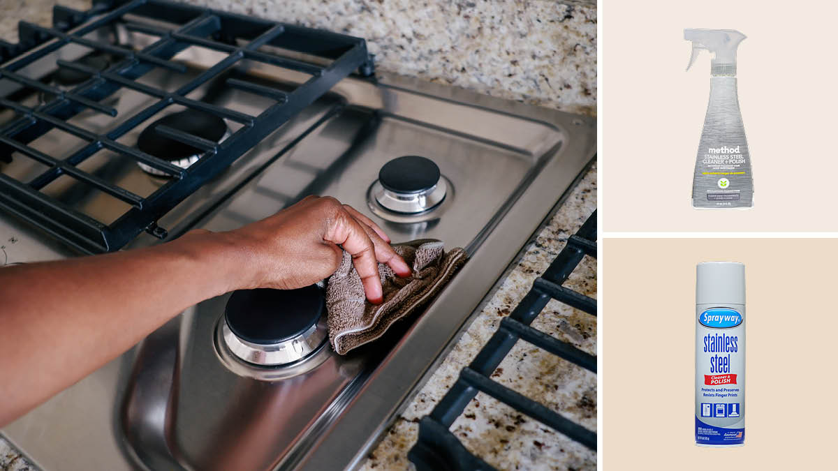 grid of three images with close up of hand using microfiber cloth to clean stainless steel gas cooktop and Method Stainless Steel Cleaner + Polish and Sprayway Stainless Steel Cleaner & Polish on light brown backgrounds