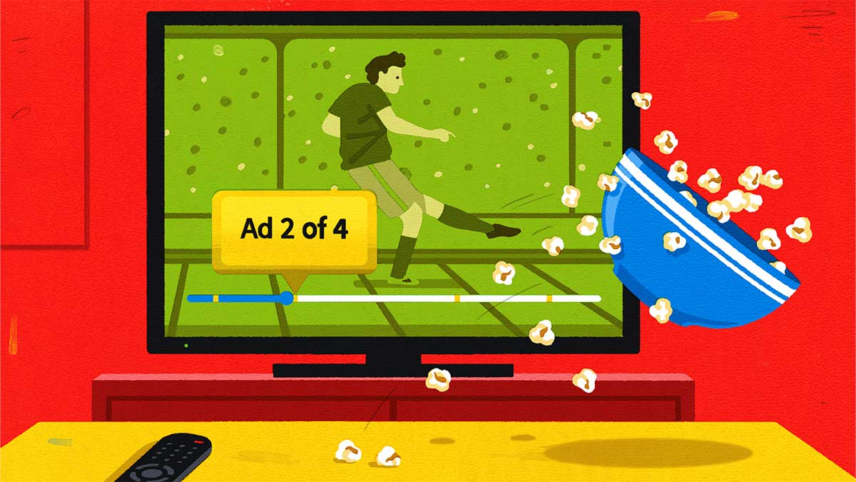 An illustration depicts a television screen streaming a soccer game, overlaid with a yellow pop-up notification reading "Ad 2 of 4" to alert the viewer of an upcoming commercial break. To the right of the TV, a blue bowl tips over against a vibrant red background, spilling popcorn onto the yellow coffee table below.