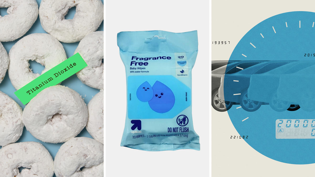 Three-panel collage showing powdered donuts labeled “Titanium Dioxide,” a package of Up&Up fragrance-free baby wipes, and a blue-tinted car with dashboard-style graphics.