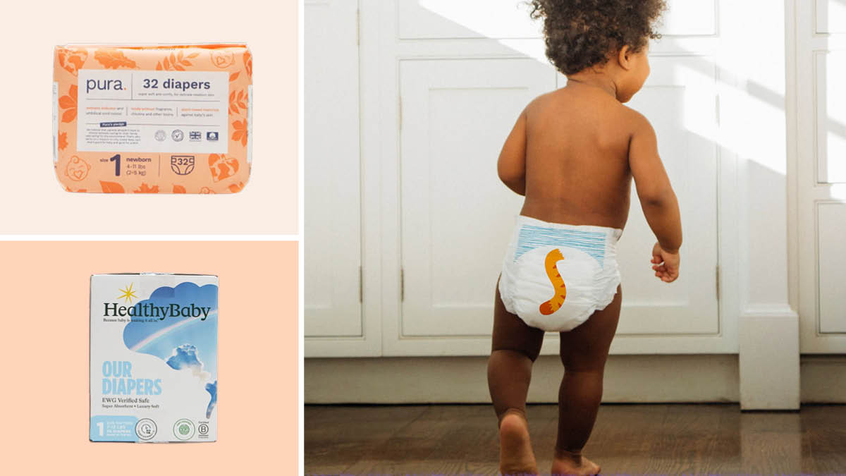 grid of three images with Pura Baby Diapers for Sensitive Skin and HealthyBaby Our Diapers on light orange backgrounds and baby wearing Cuties Complete Care Diapers running through kitchen