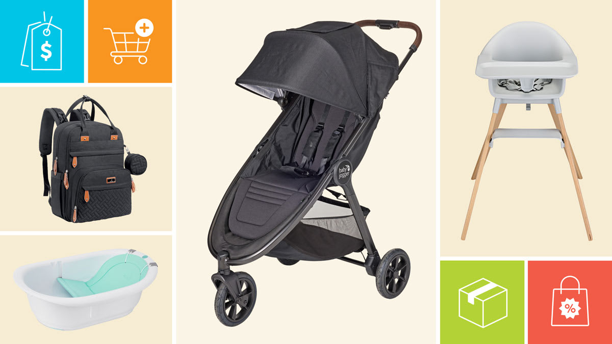 Baby Jogger City Mini GT3, Stokke Clikk High Chair, Frida Baby 4-in-1 Grow-With-Me Bath Tub, and BabbleRoo Diaper Bag Backpack