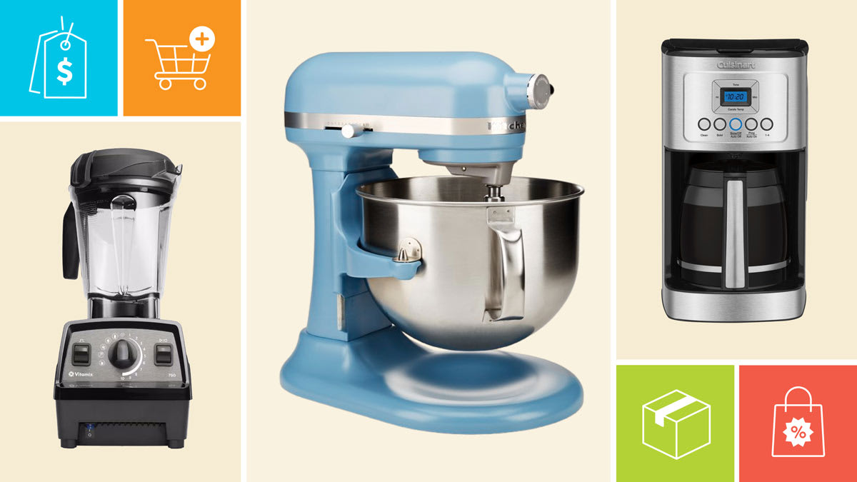 Vitamix Propel 750 blender, KitchenAid Bowl Lift KSM70 stand mixer, Cuisinart PerfecTemp 14 Cup Programmable DCC-3200 with icons showing a price tag, shopping cart, shipping box, and discount bag.