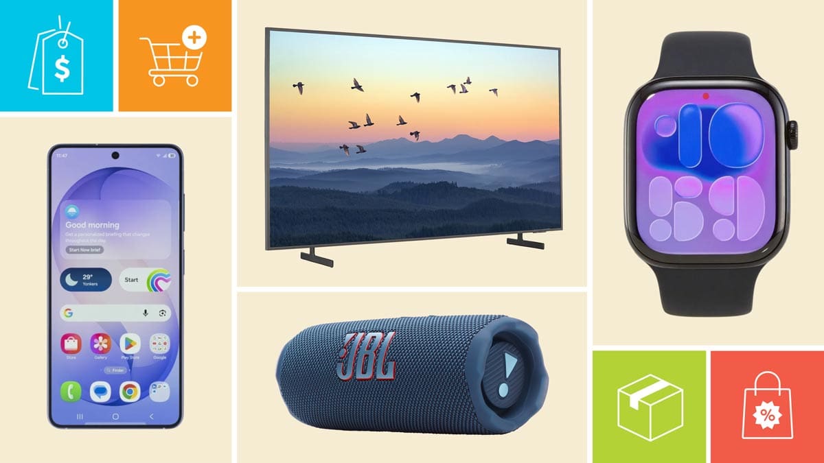 Samsung QN65LS03FW TV, Apple Watch Series 11 (46mm), JBL Flip 7 
, and Samsung Galaxy S26 with icons showing a price tag, shopping cart, shipping box, and discount bag.