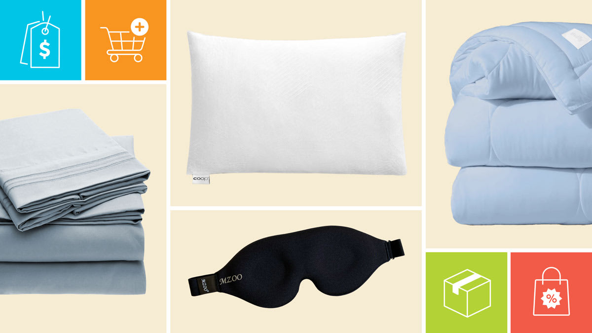 Coop Sleep Goods Cool+ Adjustable Classic 
 pillow, Buffy comforter, Mzoo Sleep Mask, and Mellanni Brushed Microfiber 
 sheets with icons showing a price tag, shopping cart, shipping box, and discount bag.