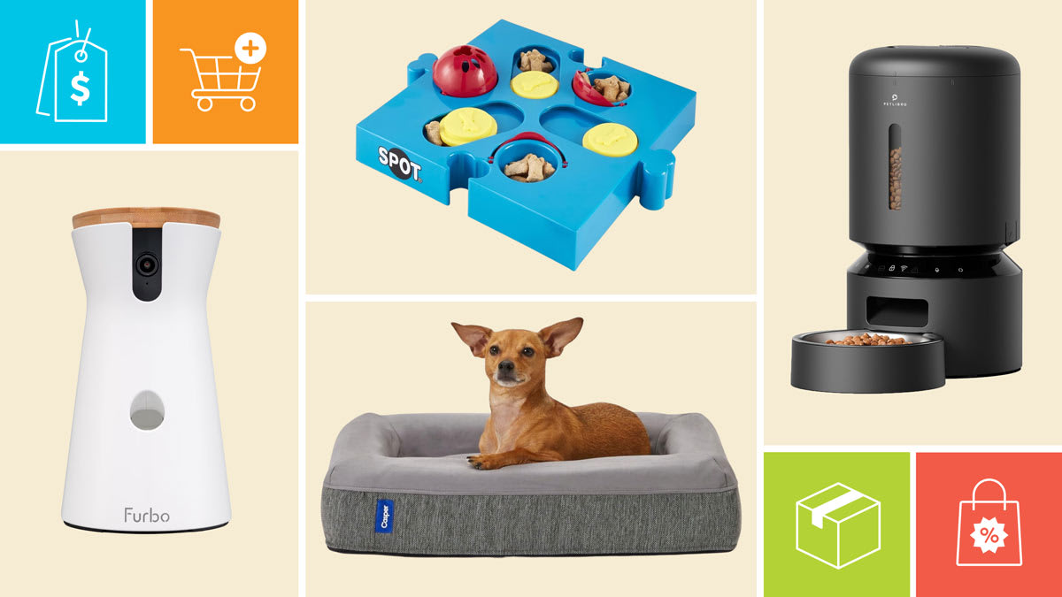 Ethical Pet Seek-A-Treat Flip N Slide Puzzle Dog Toy, Petlibro Granary Smart Feeder,  Casper Dog Bed, and Furbo Dog Camera, with icons showing a price tag, shopping cart, shipping box, and discount bag.