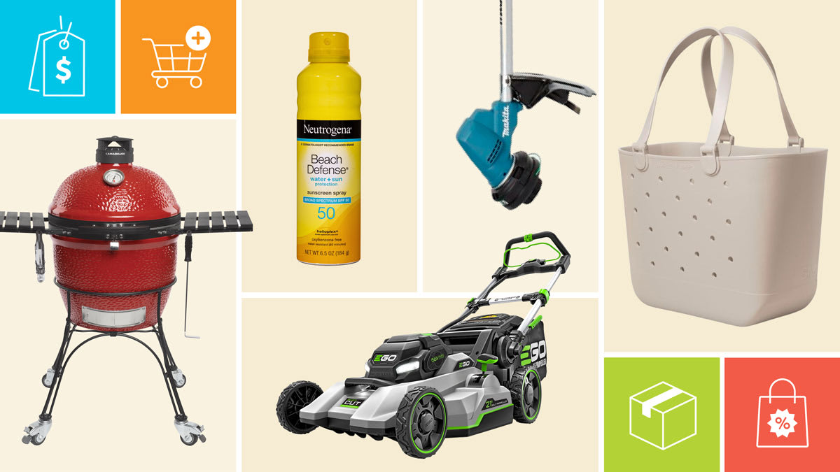 Kamado Joe Classic II 18" KJ23RHC grill, Neutrogena Beach Defense Water + Sun Protection Spray SPF 50, Makita XRU23SM1 string trimmer, Ego LM2135SP lawn mower, and Simple Modern Extra-Large Getaway Bag with icons showing a price tag, shopping cart, shipping box, and discount bag.