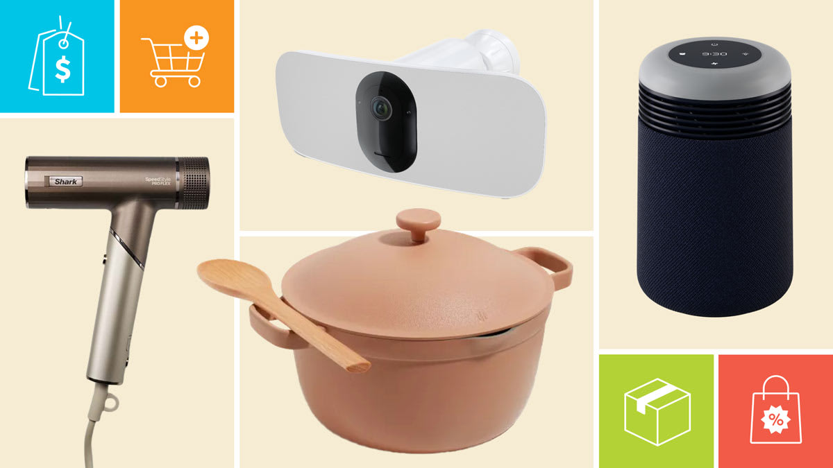 Shark Speedstyle Pro HD542 hair dryer, Arlo Pro 3 Floodlight Camera FB1001B-100NAS security camera, Blueair Mini Restful air purifier, and Our Place Perfect Pot 
dutch oven, with icons showing a price tag, shopping cart, shipping box, and discount bag.