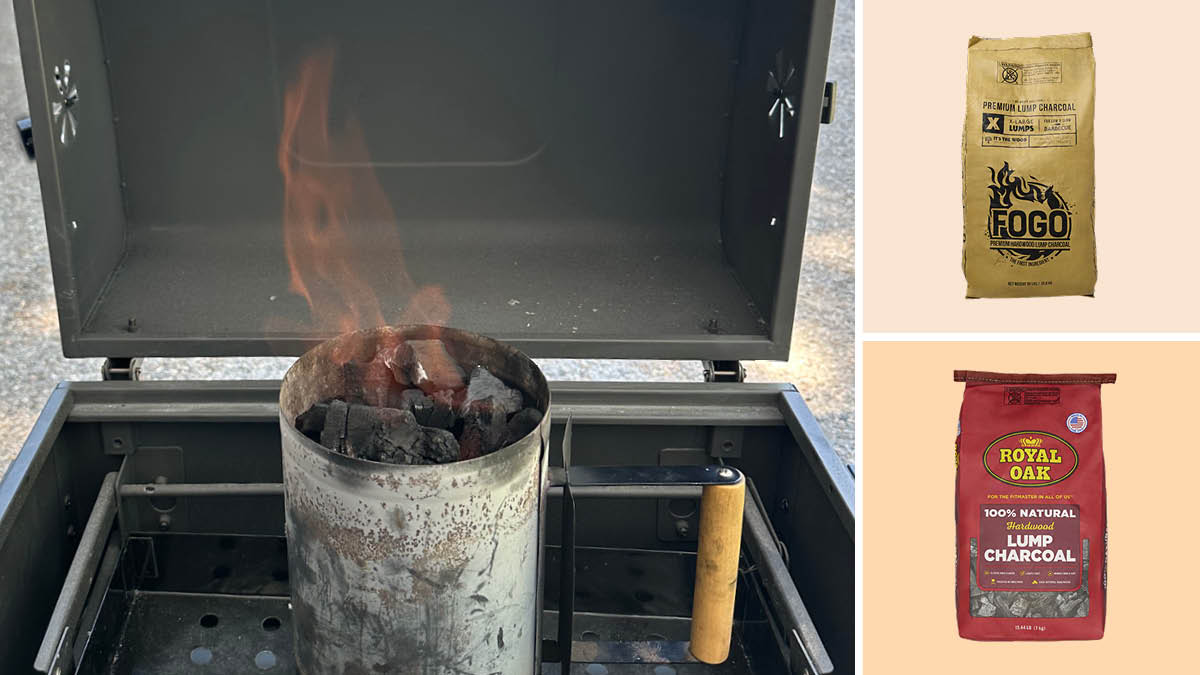 Grid of three images with lit charcoal chimney in grill, and Fogo Premium Lump Charcoal and Royal Oak Lump Charcoal on light orange backgrounds