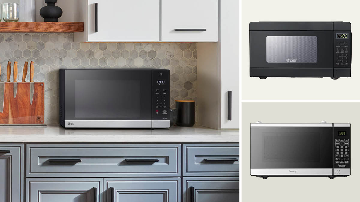 clockwise from left: LG NeoChef MSER1590S, Commercial Chef CHM990B, Danby DDMW007501G1 countertop microwaves