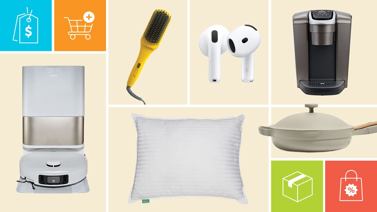 Mova P10 Pro Ultra Gen2, Drybar The Brush Crush Heated Straightening Brush, Apple AirPods 4, Keurig K-Elite K90, Our Place Always Pan 2.0, and Fern & Willow Down Alternative set with Luxury Plush Cooling Gel with icons showing a price tag, shopping cart, shipping box, and discount bag.