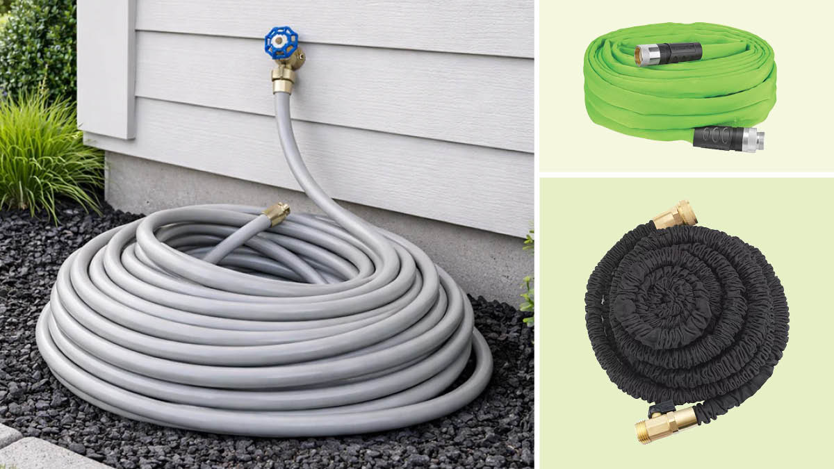grid of three images with Eley 50' Polyurethane Garden Hose connected to spigot on side of house and Teknor Apex Zero G 50' Flexible Hose 4001-50 and XHose Pro 50' Expandable Garden Hose on light green backgrounds