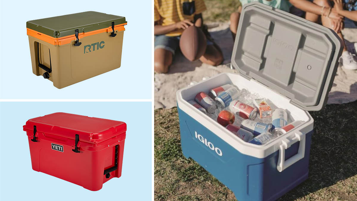 RTIC cooler open on a beach with ice, Igloo and Yeti coolers on right