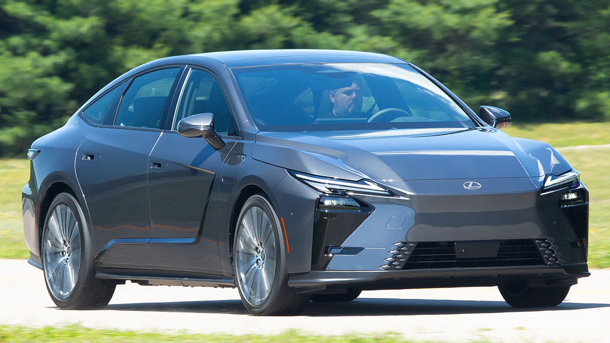 2026 Lexus ES EV driving at Consumer Reports' Auto Test Center
