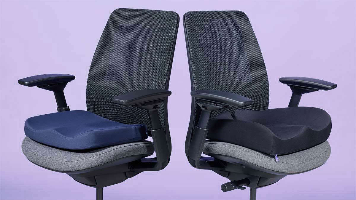 Two office chairs with seat cushions on a purple background